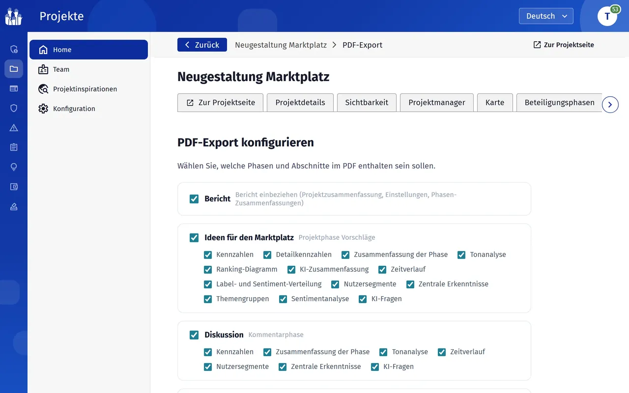 Auswahl der Phasen und Abschnitte für den PDF-Bericht