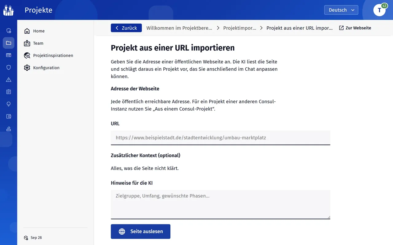 Projekt aus einer Webseite anlegen