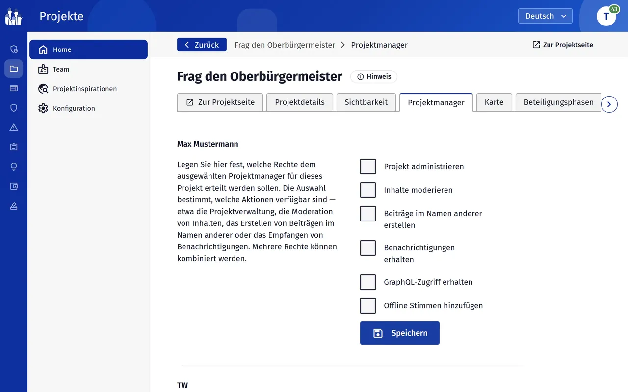 Rechte einer Projektmanagerin je Projekt