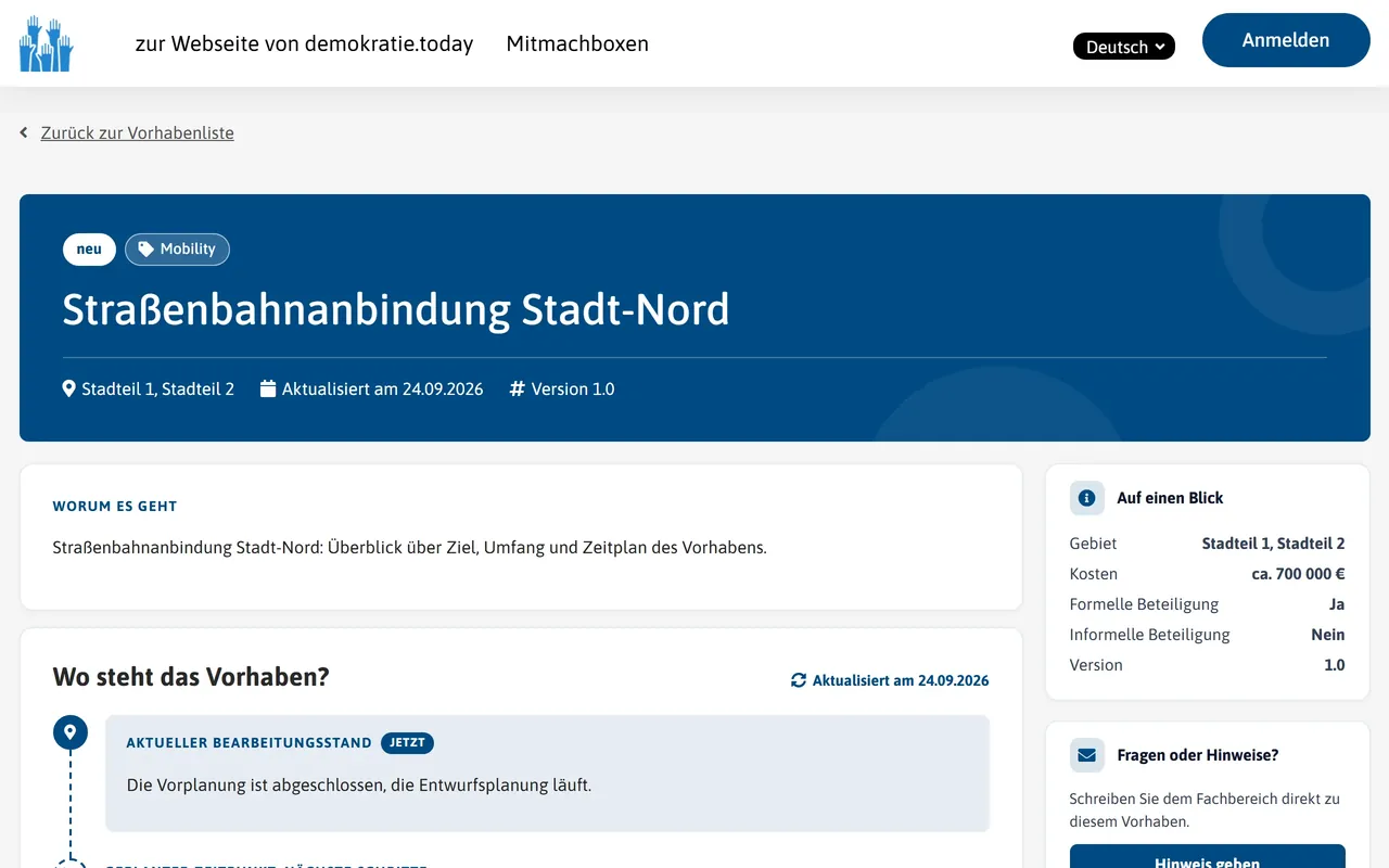 Vorhabenseite mit der Zeitleiste „Wo steht das Vorhaben?“