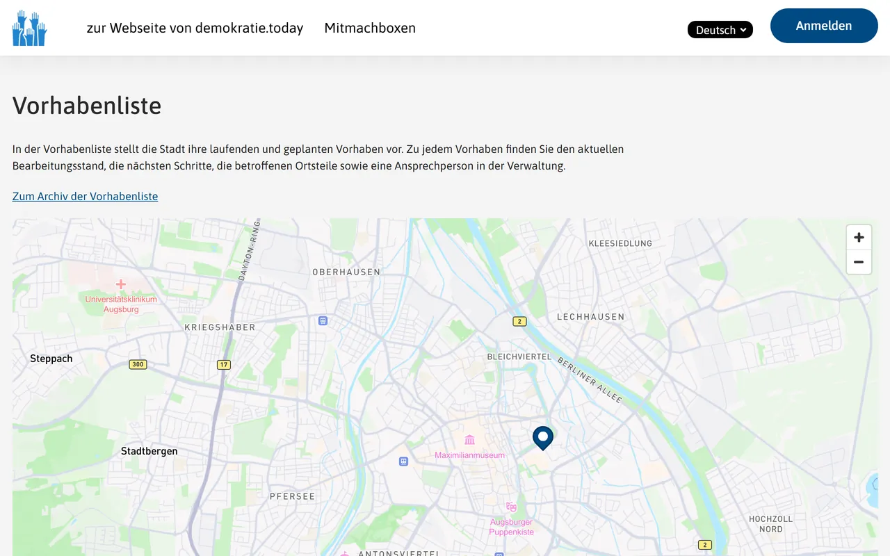 Übersicht der Vorhabenliste mit Karte