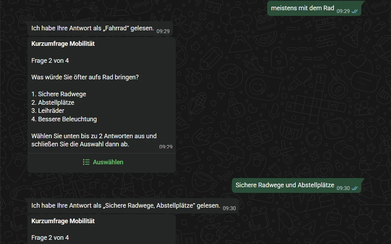 Kurzumfrage im Chat, Mehrfachauswahl Frage für Frage