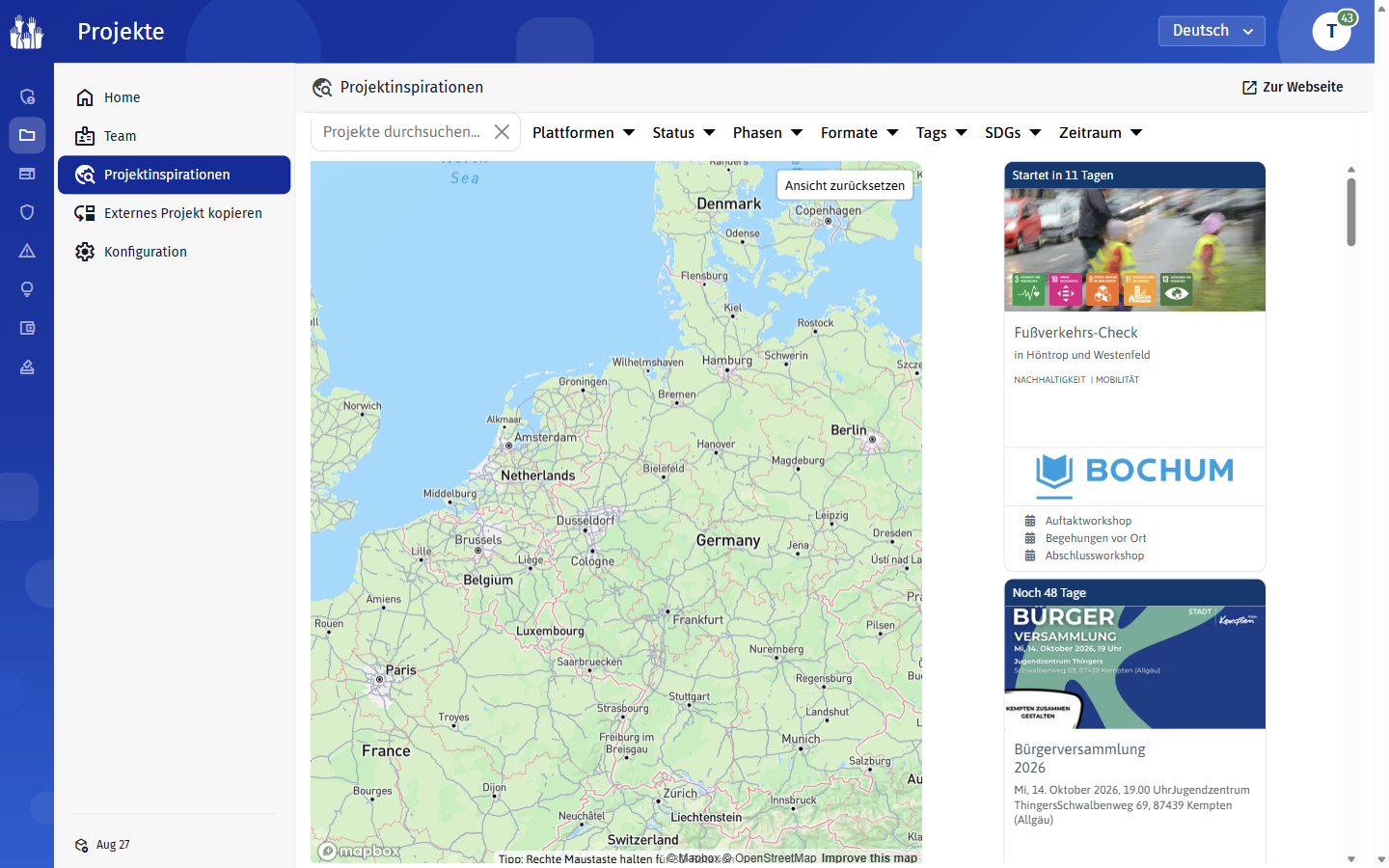 Projektinspirationen mit Karte und Projektkacheln aus verschiedenen Kommunen