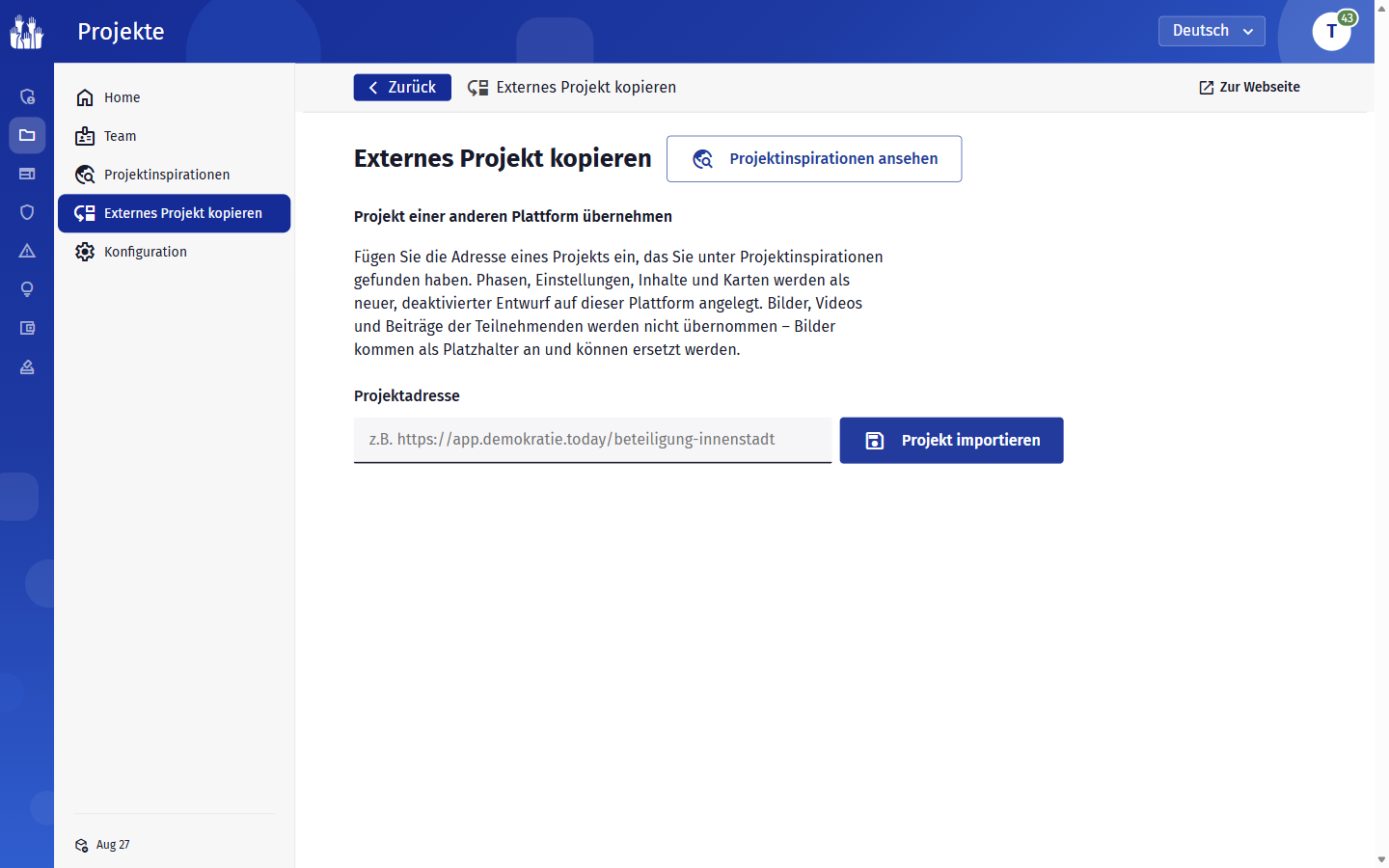 Formular zum Kopieren eines Projekts von einer anderen Plattform über die Projektadresse