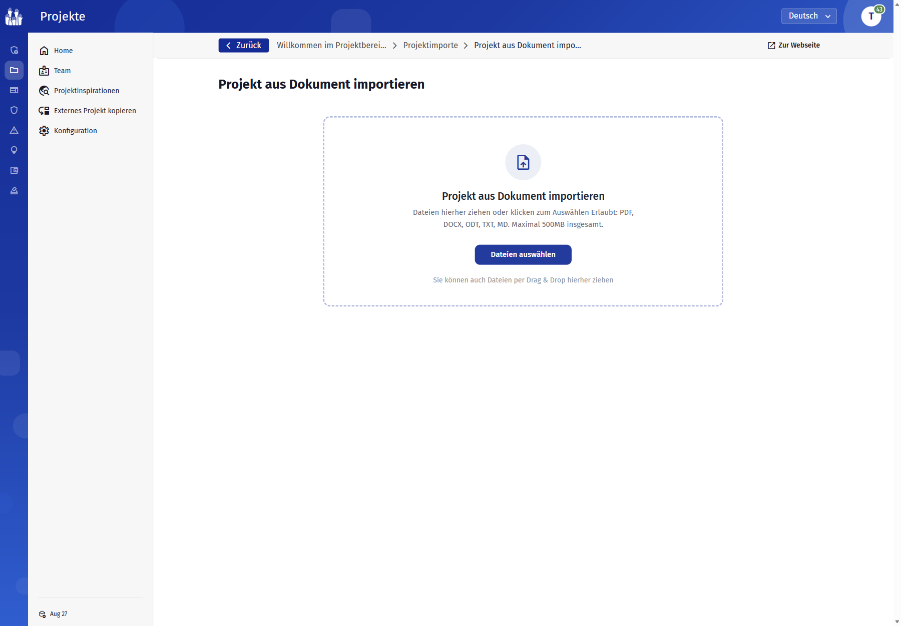 Upload-Bereich für den Projektimport aus einem Dokument