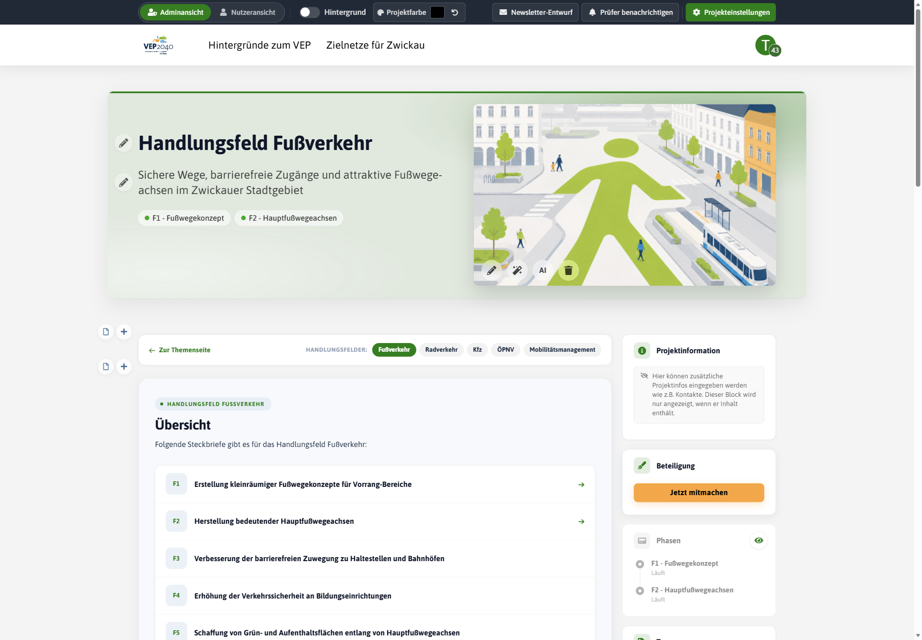 Projektseite in der Adminansicht mit Bearbeitungsleiste, Projektfarbe und Stiftsymbolen an Titel und Untertitel