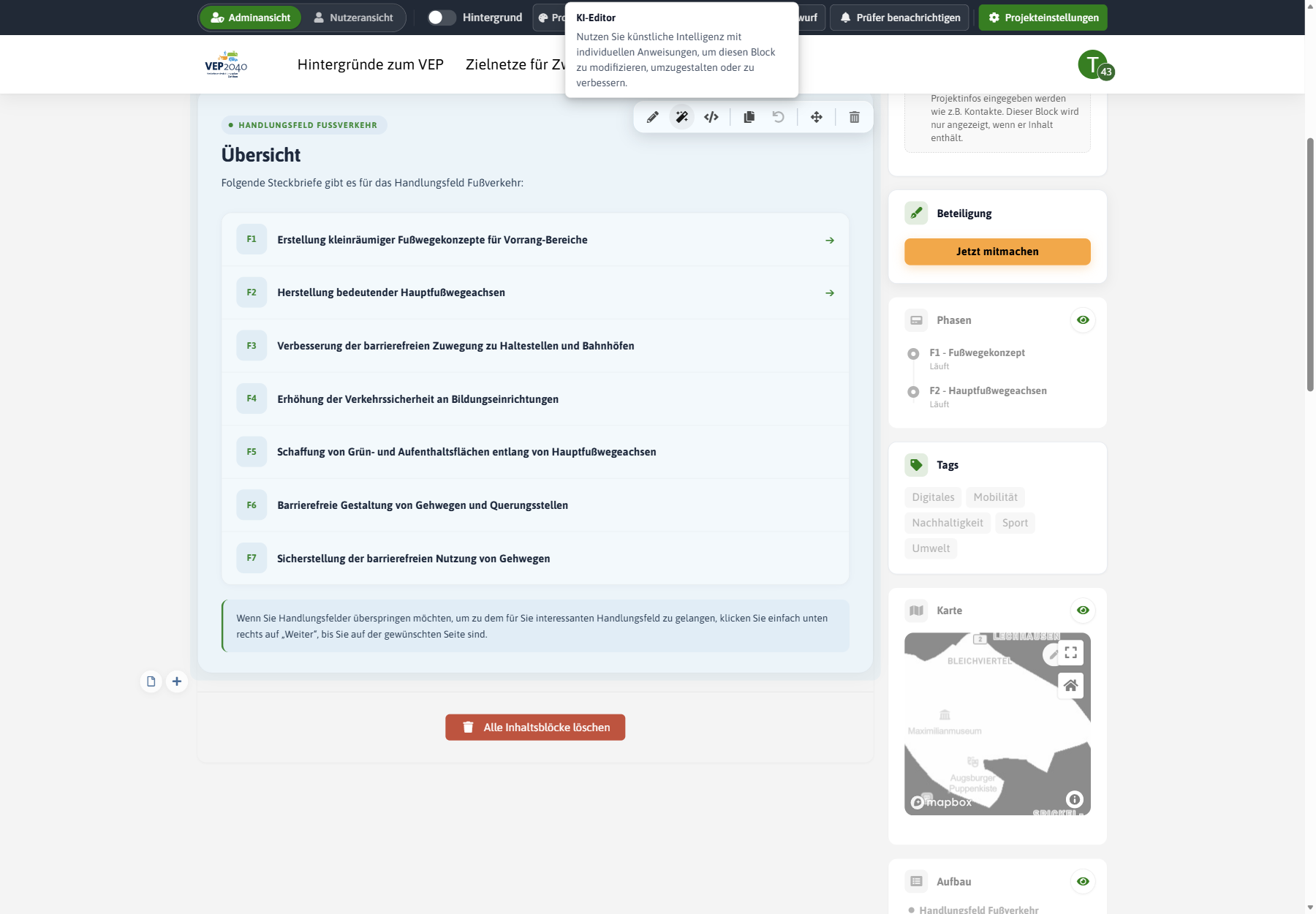 Symbolleiste eines Inhaltsblocks mit Tooltip zum KI-Editor