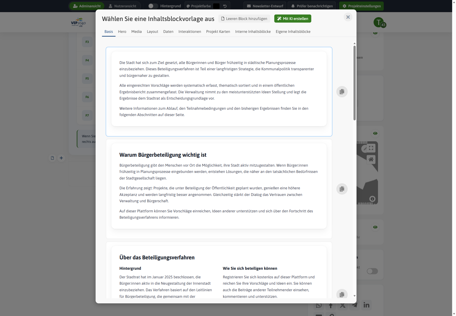 Vorlagenkatalog mit Kategorien Basis, Hero, Media, Layout, Daten, Interaktionen, Projekt Karten sowie interne und eigene Inhaltsblöcke