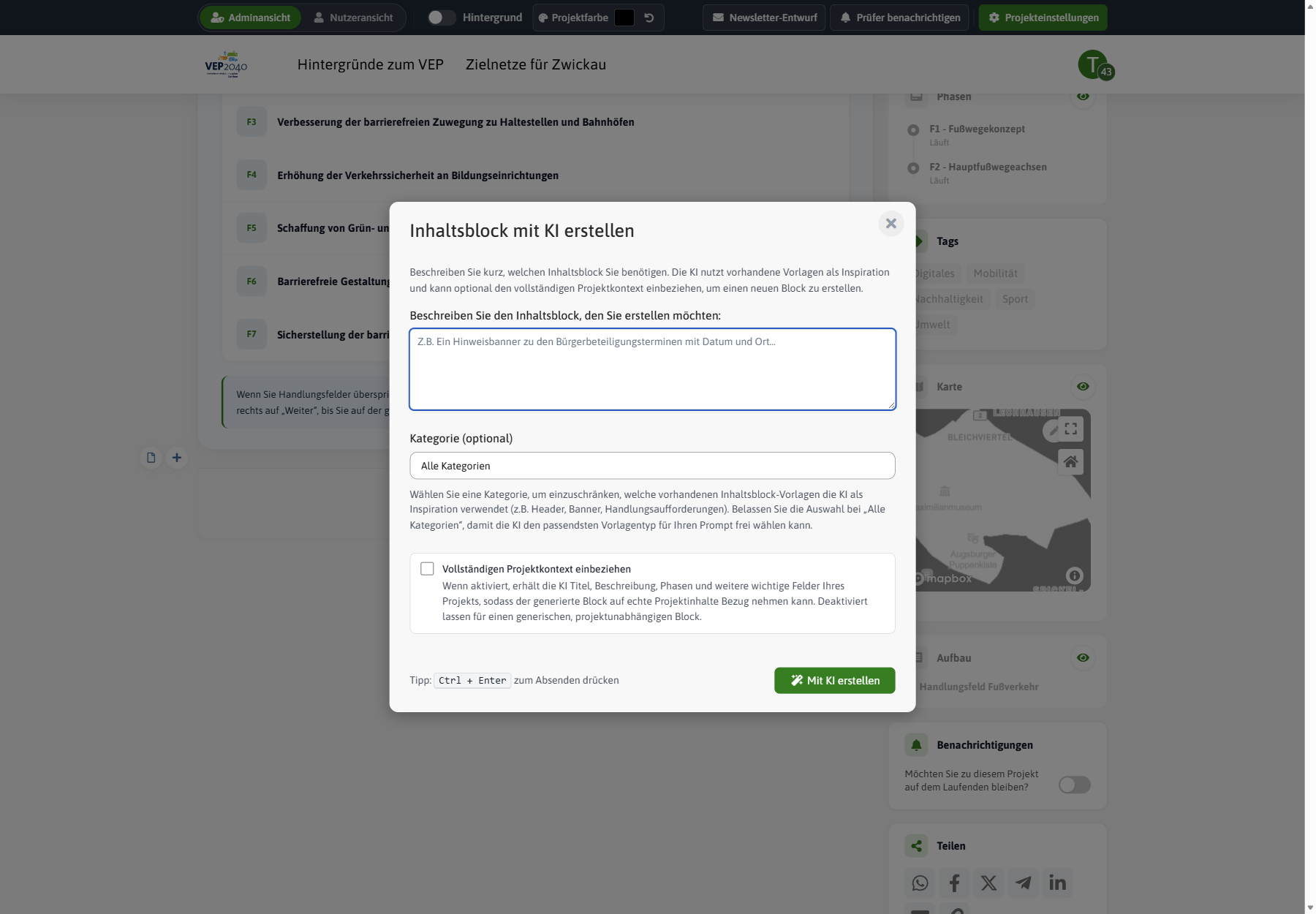 Modal Inhaltsblock mit KI erstellen mit Beschreibungsfeld, Kategorieauswahl und Option für den vollständigen Projektkontext