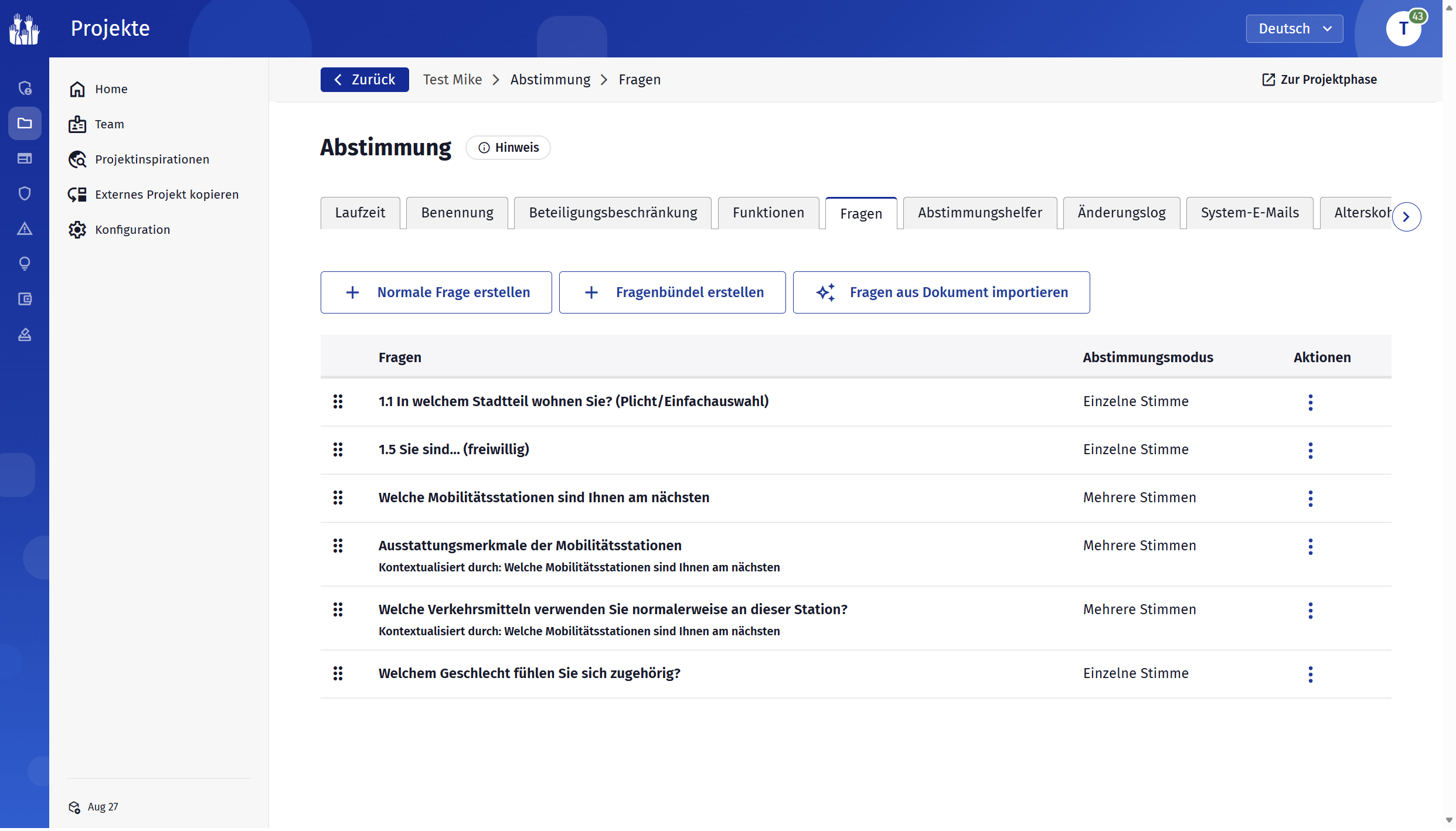Fragenliste einer Abstimmungsphase mit dem Button Fragen aus Dokument importieren