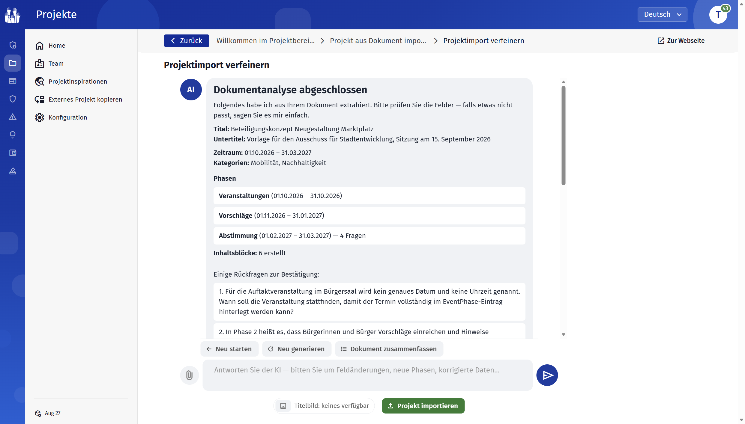 Chat-Ansicht des Projektimports mit extrahiertem Titel, Zeitraum, Kategorien, drei Phasen und Rückfragen der KI