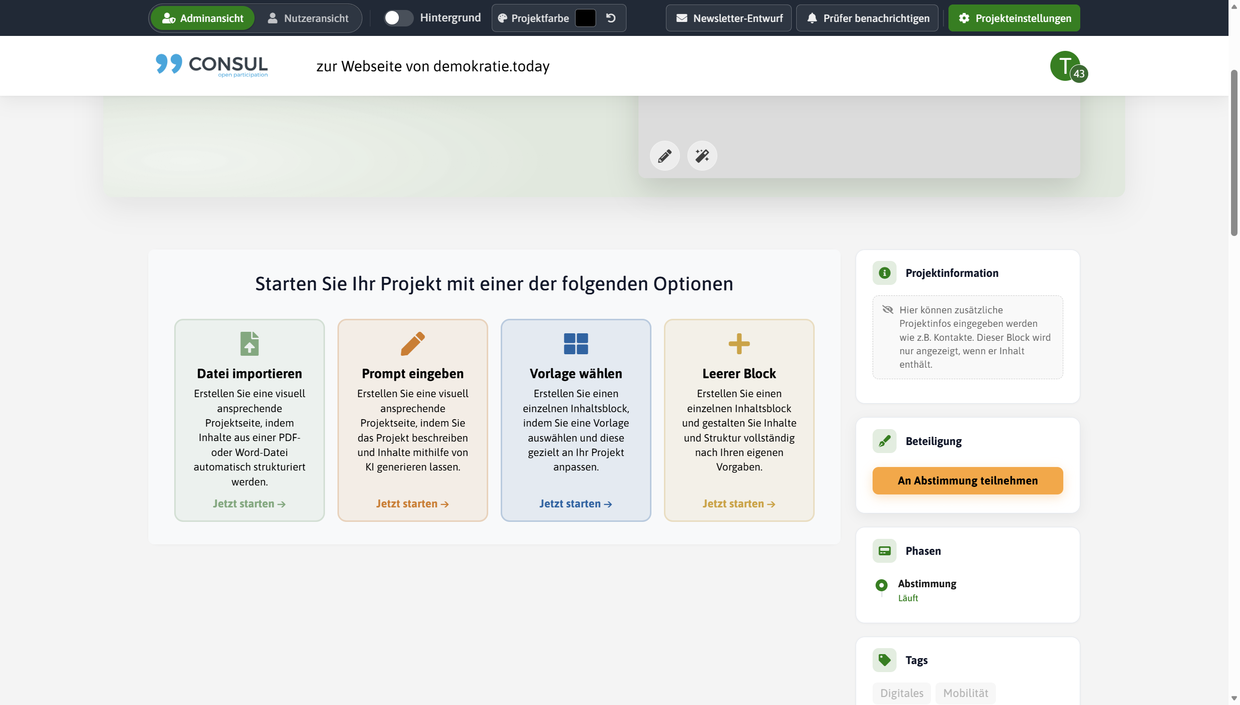 Die leere Projektseite bietet vier Startoptionen: Datei importieren, Prompt eingeben, Vorlage wählen, Leerer Block