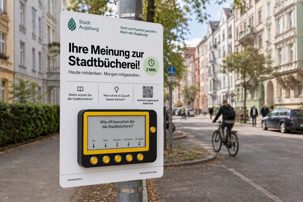 Mitmachbox mit Tafel an einem Pfosten im öffentlichen Raum